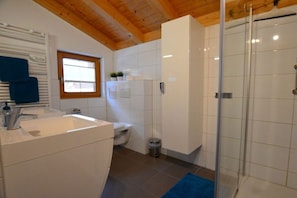 A bathroom with a sink, toilet, and glass shower enclosure. - Holiday home in Allgäu with 3 bedrooms (Lechbruck am See)