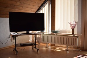 A room with a large flat-screen TV on a stand, a white radiator, a wooden floor, and a window with blinds. - Holiday apartment in Iggelbach with Wi-Fi (Iggelbach)