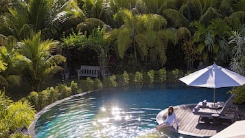 A swimming pool surrounded by lush greenery, with a wooden deck and lounge chairs.