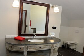 A bathroom with a large mirror, a sink, a toilet, and a red towel on the counter. - Erbschulzenhof (Müritz) (Buchholz (Müritz))
