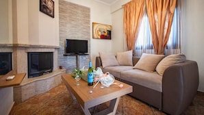 Una sala de estar moderna con chimenea, un sofá, una mesa de centro y un televisor.