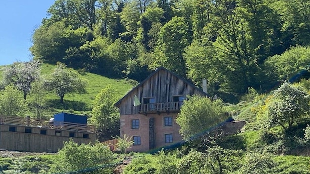 A building with a sloped roof, surrounded by lush greenery and trees.