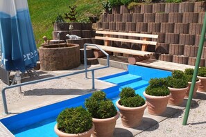 Ein Poolbereich mit Stufen zum Wasser, umgeben von Terrakotta-Pflanzgefäßen und einer Holzbank.