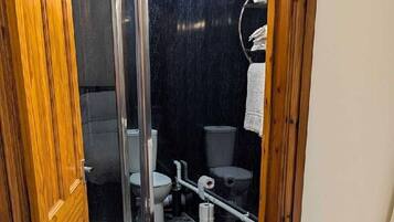 A narrow hallway leading to a bathroom with a shower, toilet, and bidet.