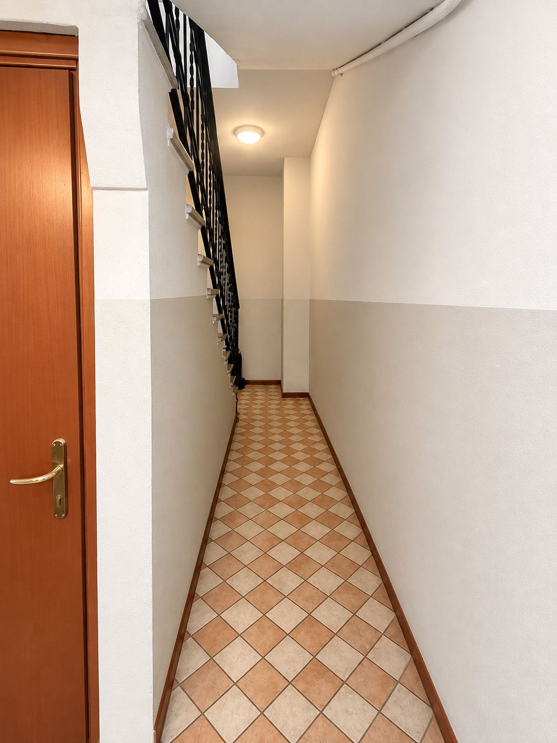A narrow hallway with a wooden door on the left and a staircase with a black railing on the right.