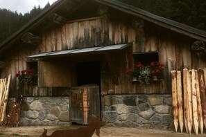 Eine rustikale Holzhütte mit Stein Fundament, einer Holztür und einem Fenster mit roten Blumen.