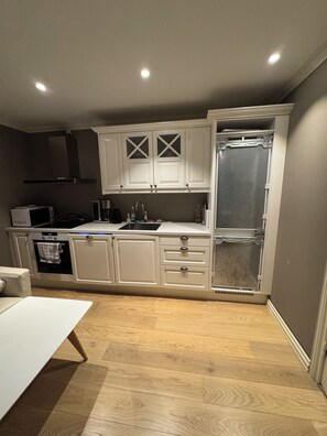 Private kitchen - Luxury 2-bedroom cinema apartment in peaceful Soereidgrend (Soereidgrend)