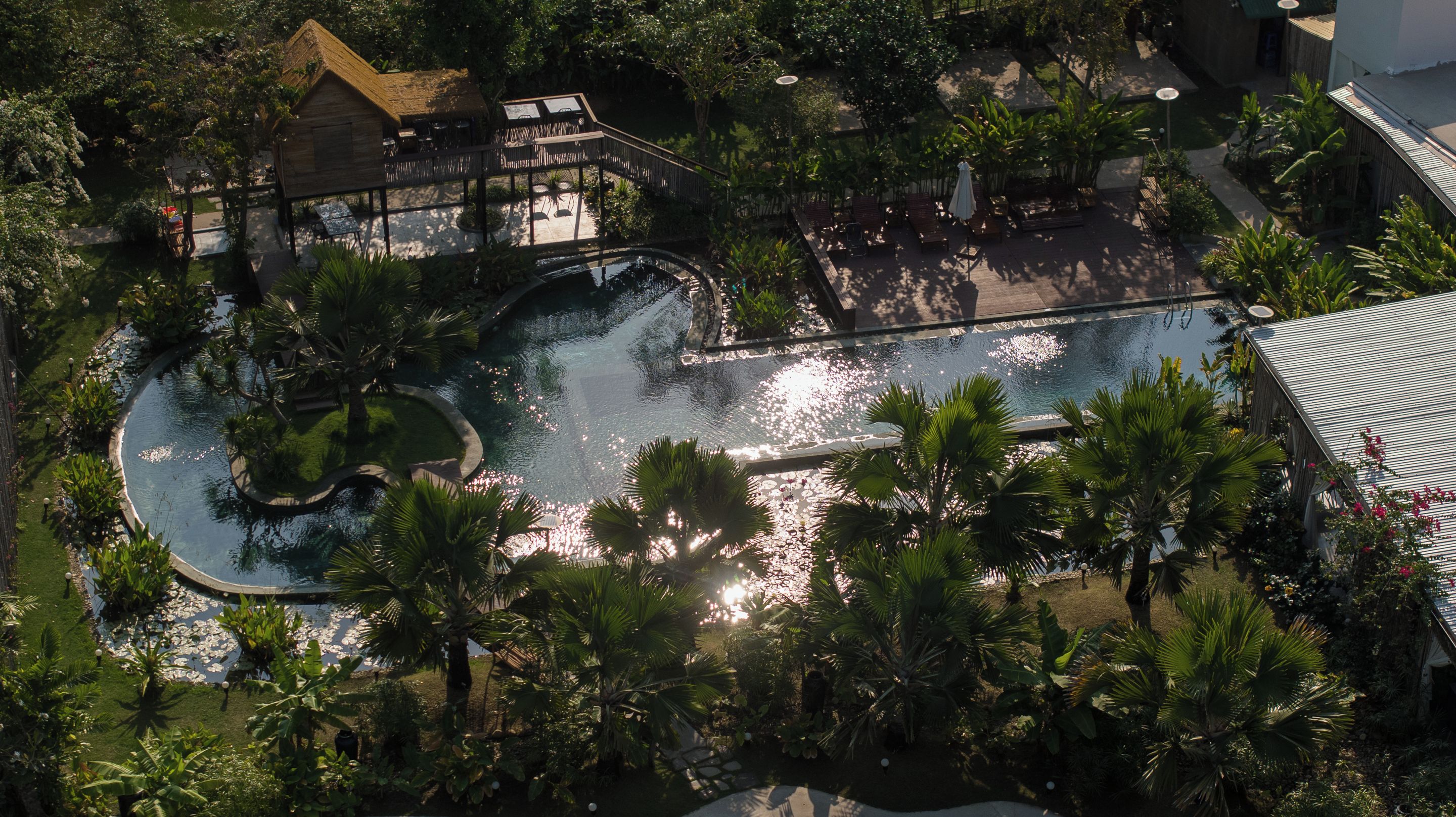 An aerial view of a resort with a large pool surrounded by palm trees and a wooden deck.