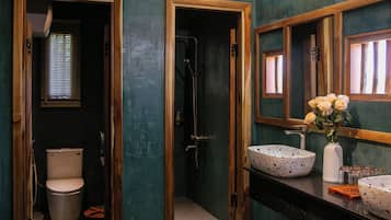 Un baño con inodoro, ducha, lavabo y espejo.