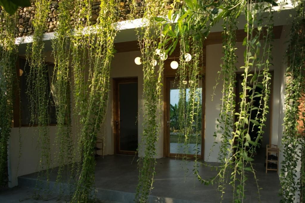A covered outdoor area with hanging plants and a door leading to an interior space.