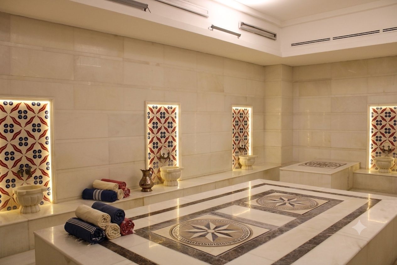 A spa room with a large marble floor, multiple sinks, and decorative tiles.