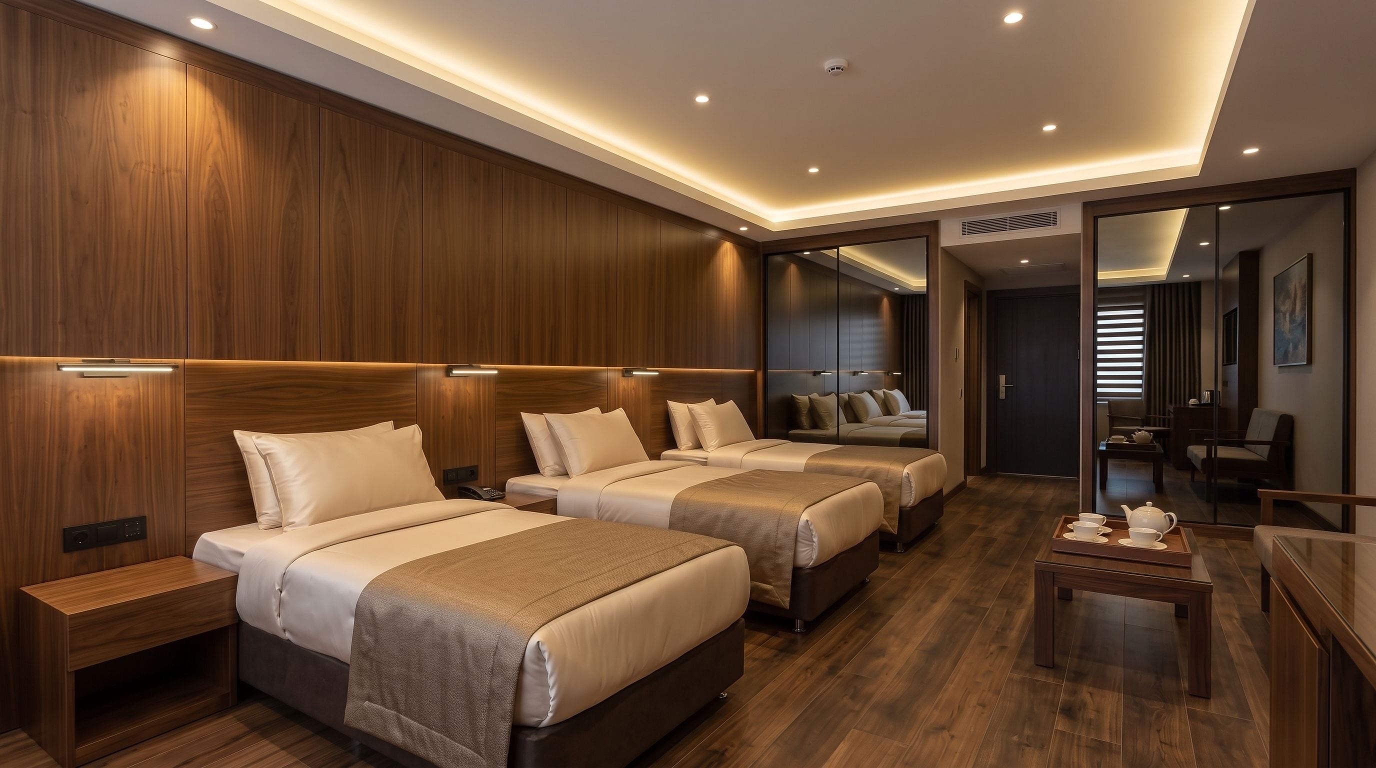Ein Hotelzimmer mit zwei Betten, Holzvertäfelung, einem kleinen Tisch mit Teeservice und einer Schiebetür zum Badezimmer.