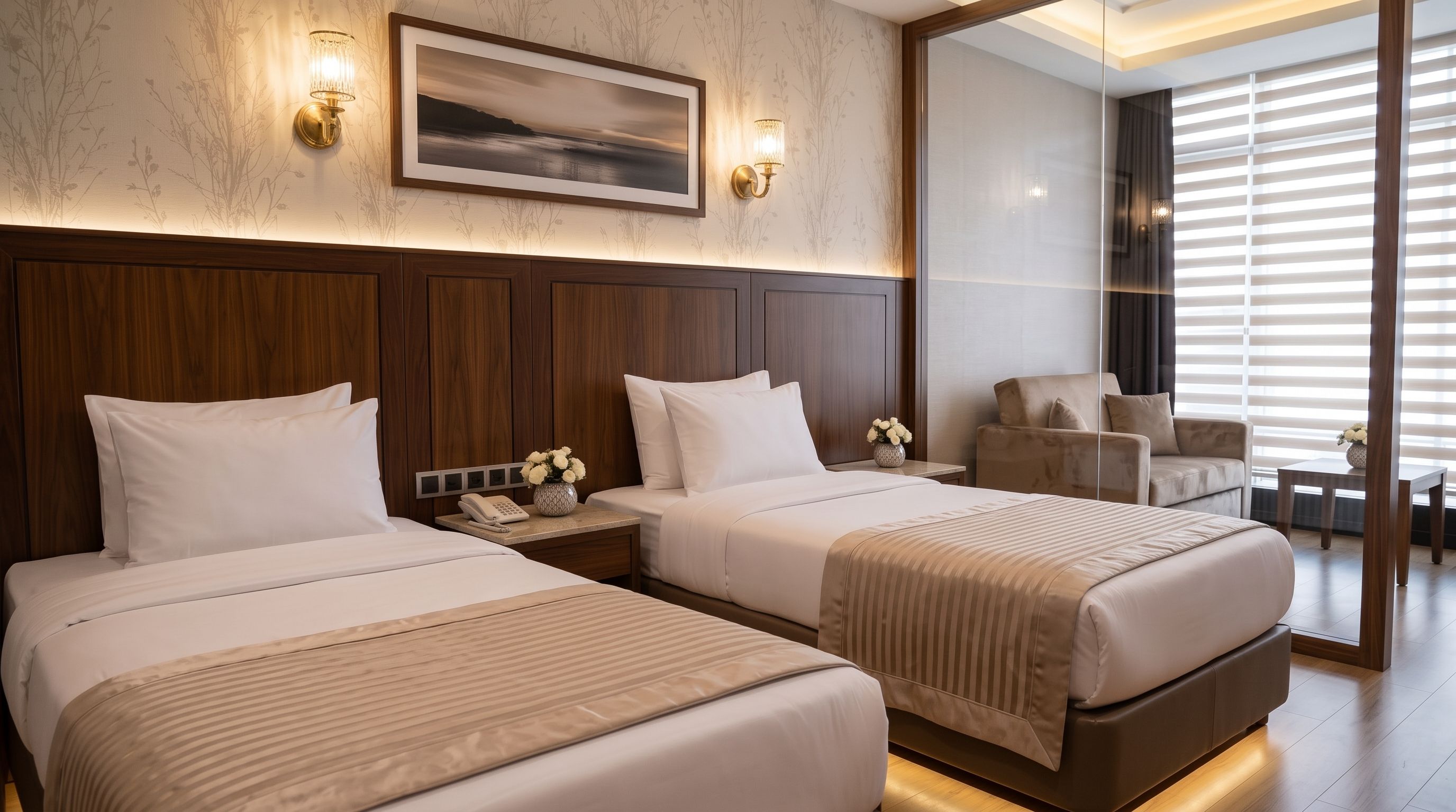 A hotel room with two beds, a painting above the beds, a nightstand with a phone and vase, and a seating area with a chair and table.