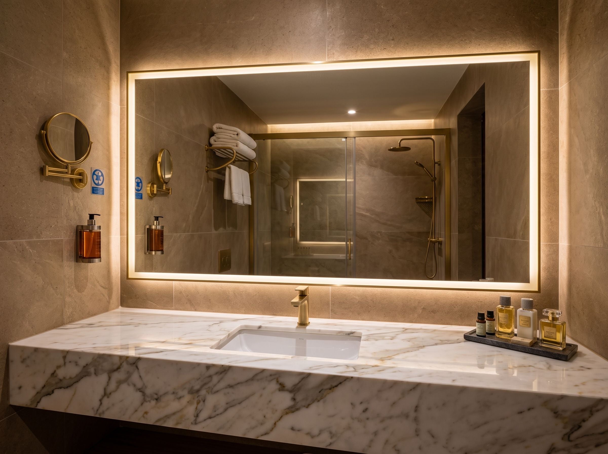 A bathroom with a large mirror, a sink, and a shower.