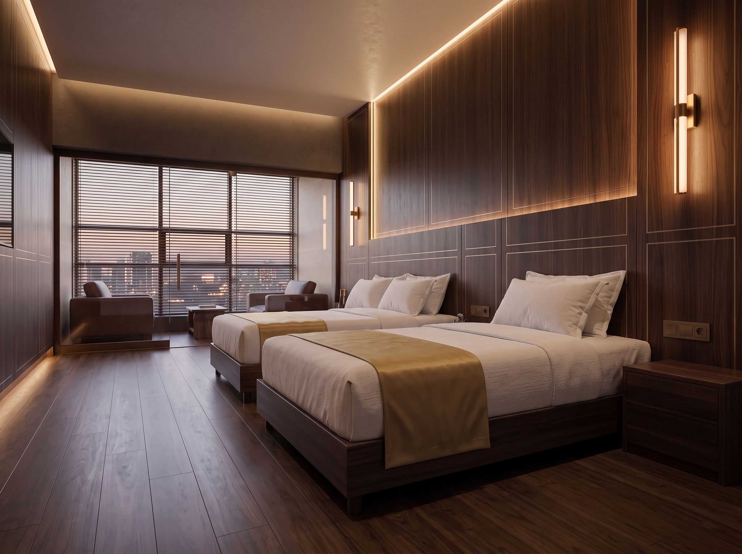 Une chambre d’hôtel moderne avec deux lits, un coin salon et de grandes fenêtres.