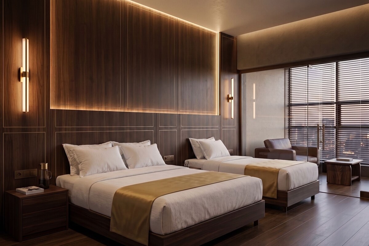 Una habitación de hotel moderna con dos camas, un área de descanso y ventanas amplias.