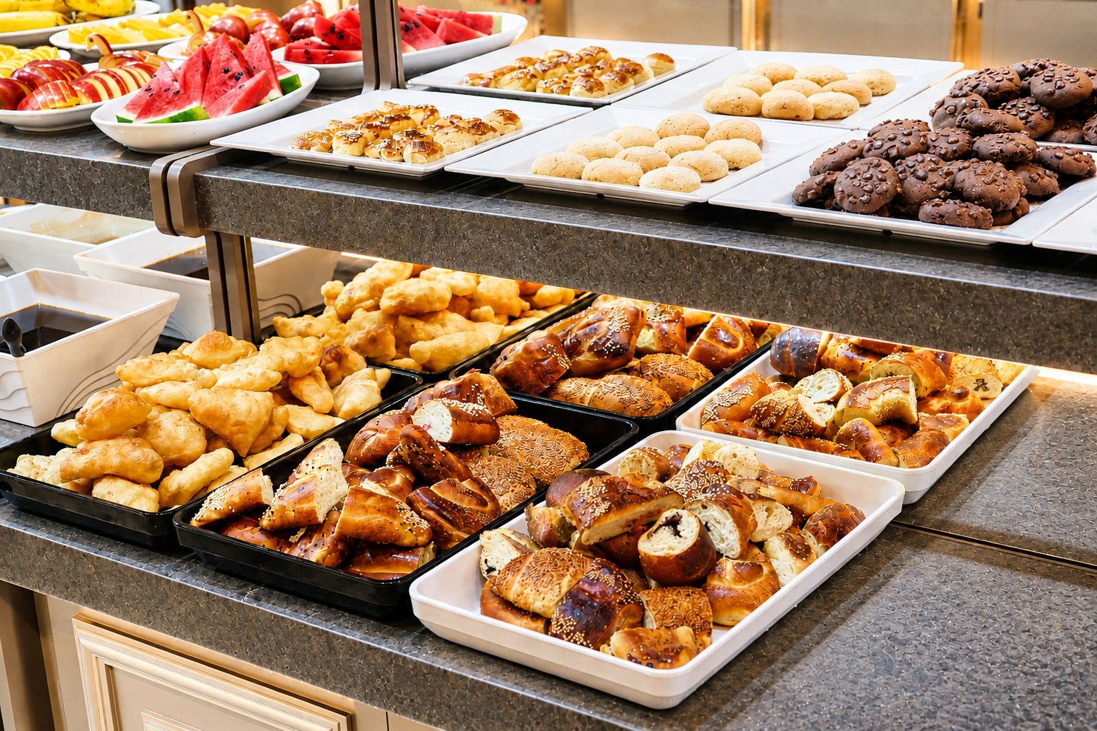 A buffet with various food items including pastries, bread, and fruits.