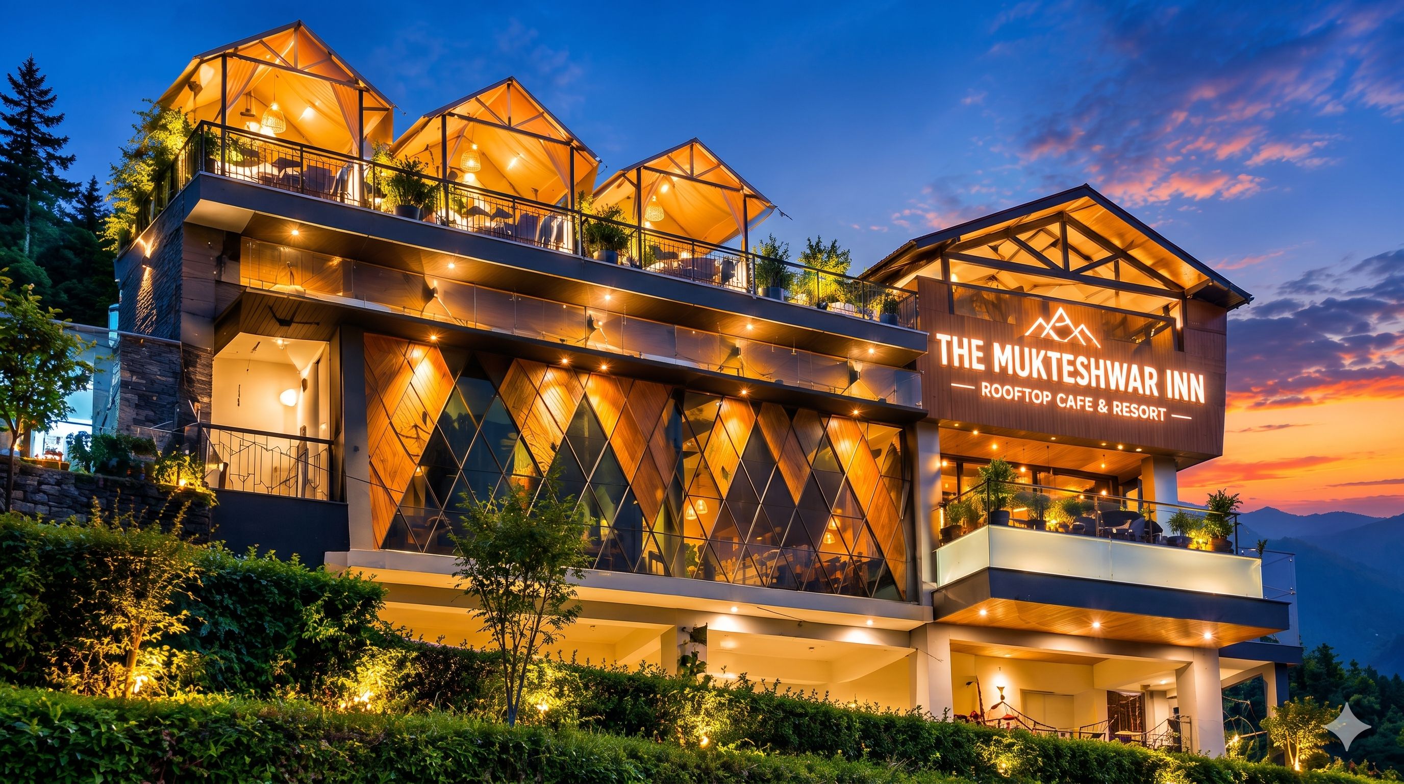 A modern hotel with a rooftop cafe and a sign indicating 'The Mukteshwari Inn.'