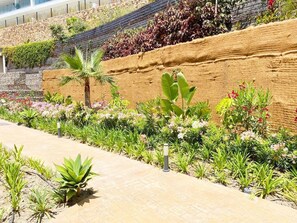 A landscaped garden with a variety of plants and a paved walkway. - Luxury 2-Bedroom Apartment in El Higuerón (Fuengirola)