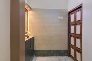 Habitación de hotel con una puerta corredera cerrada, una pequeña planta en maceta sobre una encimera oscura y un interruptor de luz en la pared.