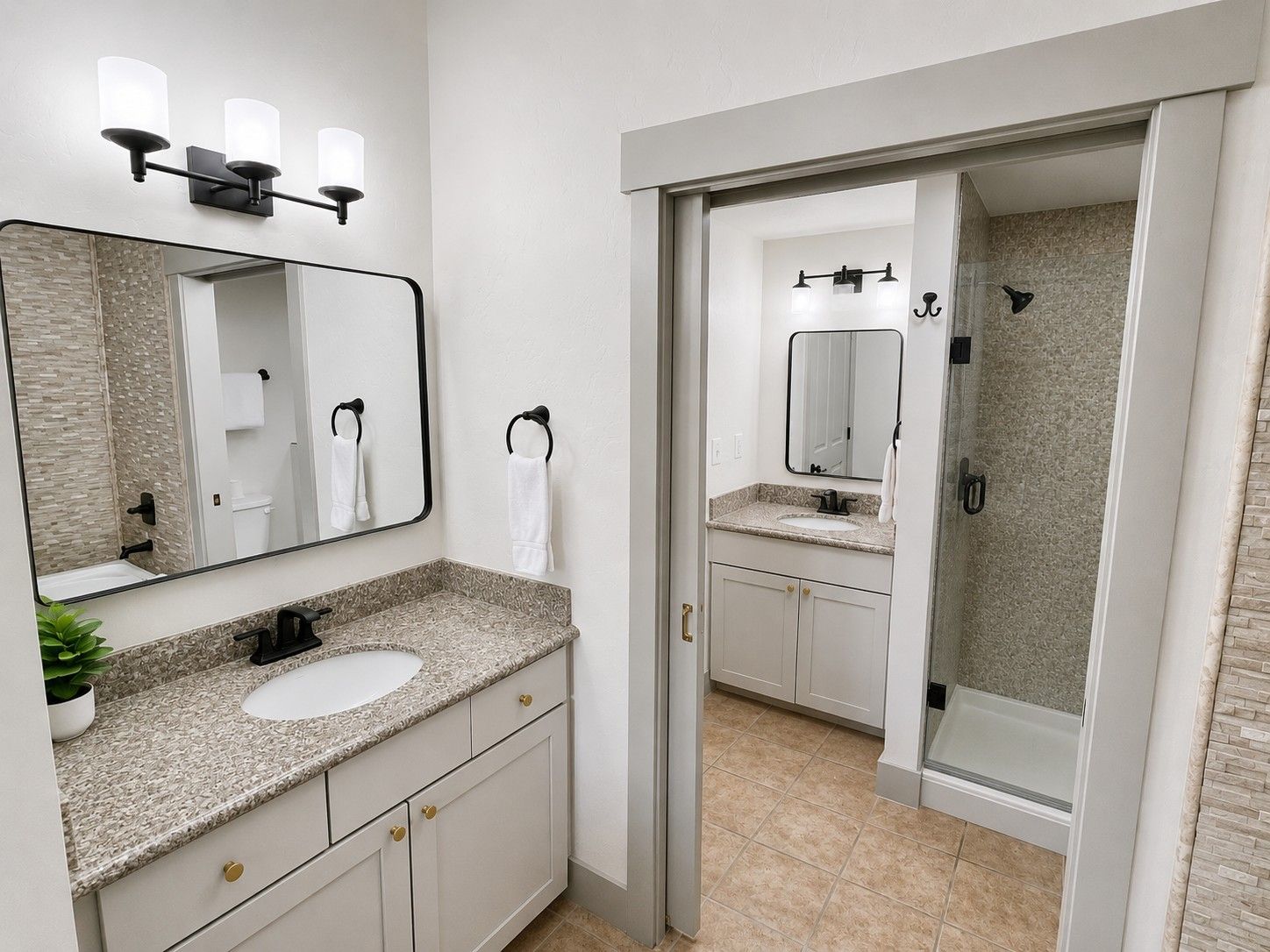 Shower, jetted tub, hair dryer, towels