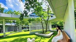 A woman sitting on a bench in a courtyard with a dog, surrounded by greenery and modern architecture. - ruilantingyuan (shenzhen)