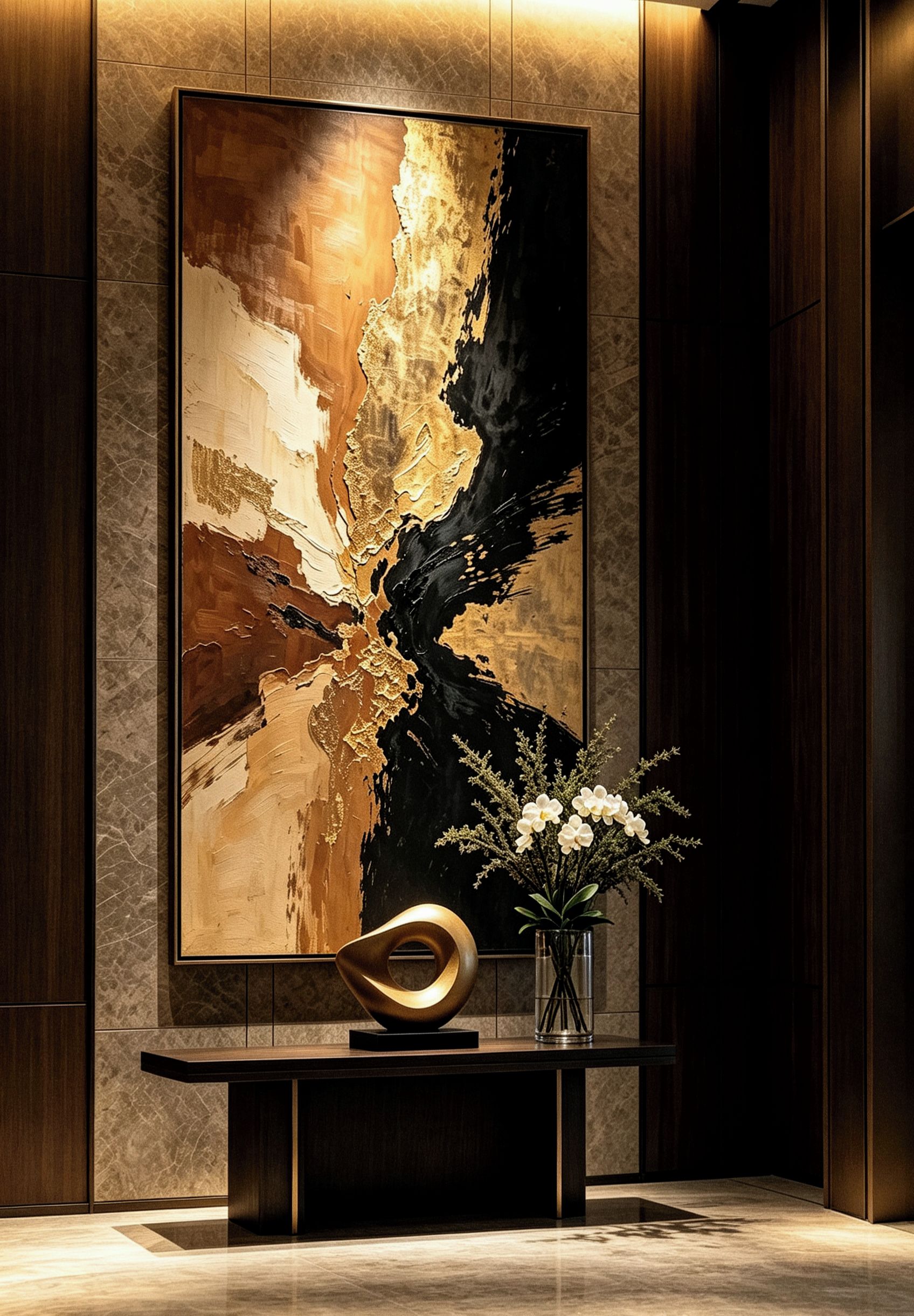 A modern interior with a large abstract painting on the wall, a console table with a vase of flowers, and a sleek, curved sculpture.