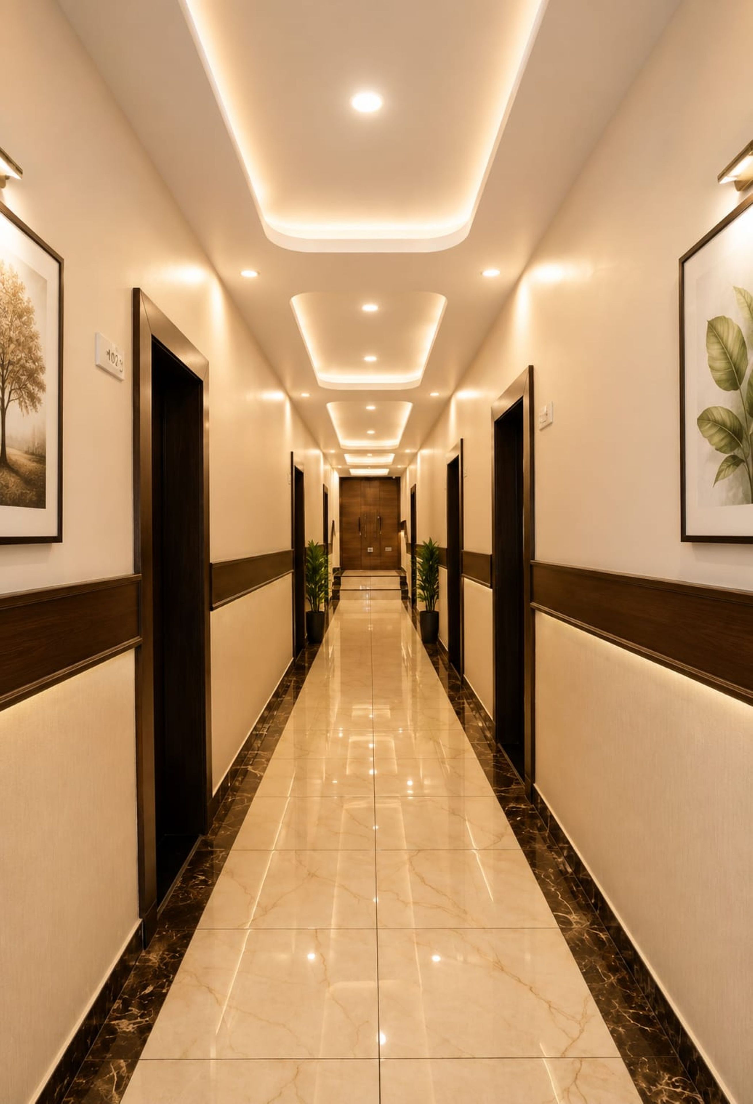 A hotel corridor with a polished marble floor, recessed lighting, and framed artwork on the walls.