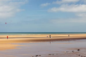 A beach with a sandy shore, a few people, and a red kite in the sky.