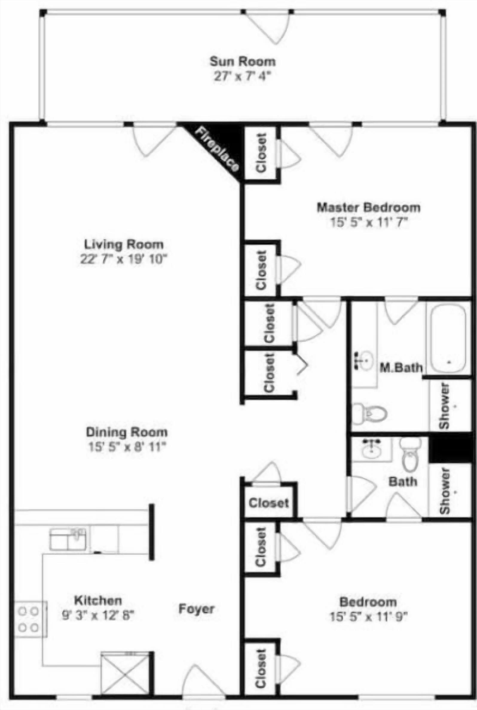 Plano de planta que muestra una sala de estar, comedor, cocina, dormitorio principal, baño principal y dos dormitorios adicionales.