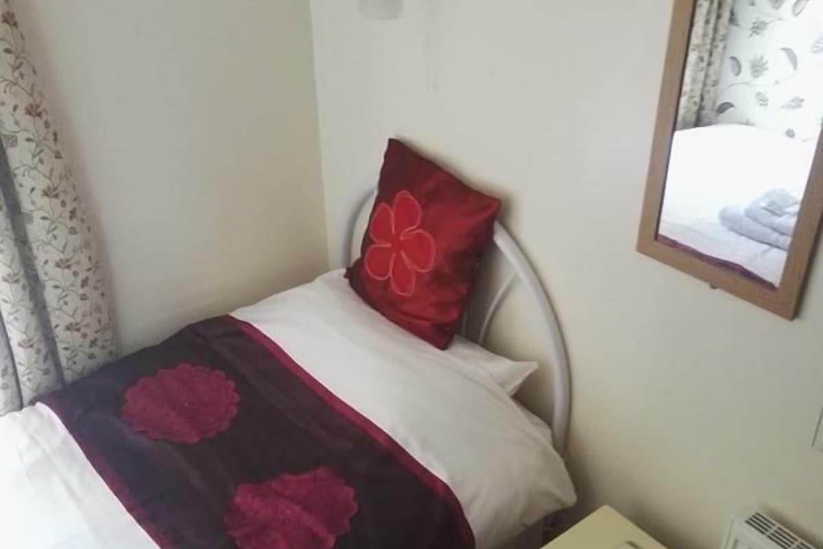 A single bed with a red pillow, a bedside table with a lamp, and a radiator.