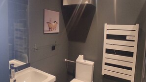 A bathroom with a white sink, a toilet, a towel rack, and a wall-mounted mirror. - Studio in the heart of downtown (Caen)