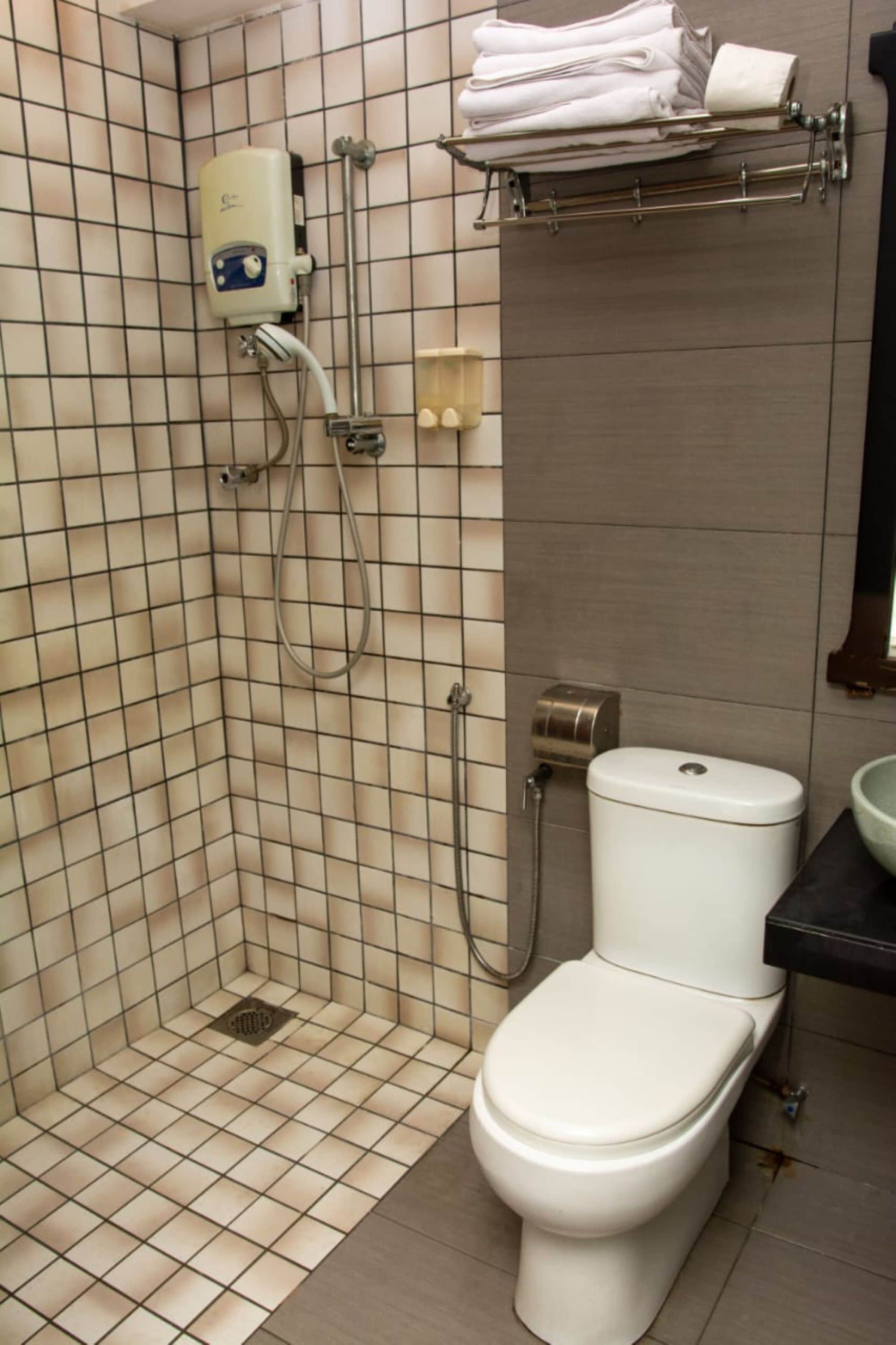 A bathroom with a toilet, a shower, and a towel rack.