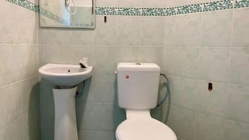 Un baño con lavamanos pedestal blanco, inodoro, baldosas de piso verdes y un borde decorativo en la pared.