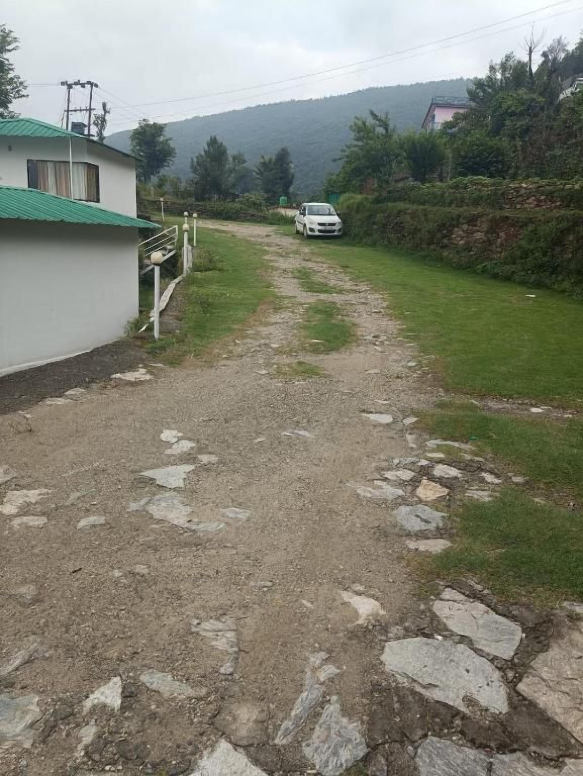 A gravel path leading to a white building with a green roof, surrounded by greenery and hills in the background.