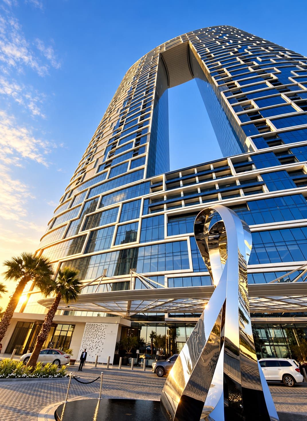 Un immeuble moderne de grande hauteur, doté d’une entrée incurvée originale et d’une façade en verre réfléchissant.
