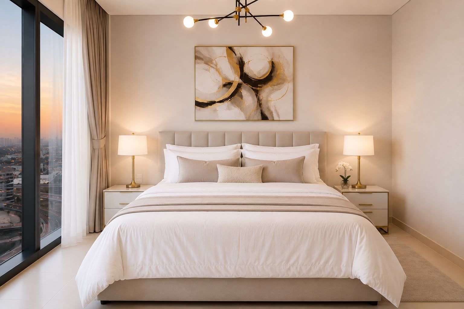 Une chambre moderne avec un grand lit, deux tables de chevet avec des lampes, une vue sur la ville et un grand tableau abstrait accroché au mur.