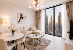 Un salon moderne avec un canapé, une table basse et une vue sur la ville grâce à de grandes fenêtres.