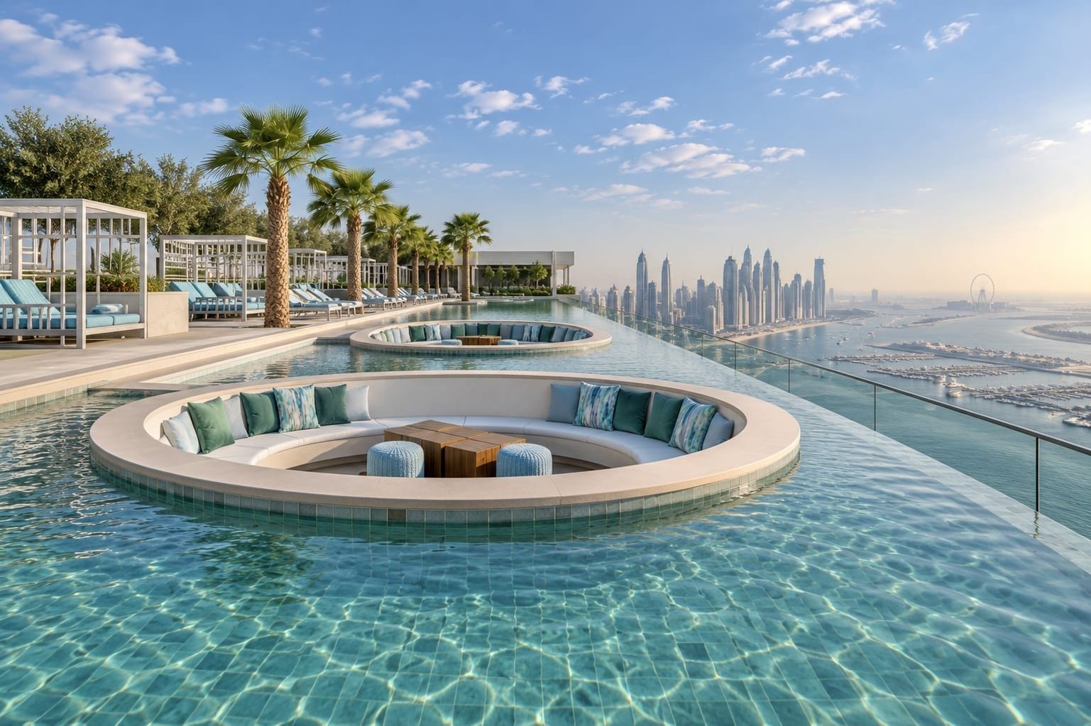 Una piscina infinita lujosa con zonas de estar y palmeras, con vista a un horizonte urbano.