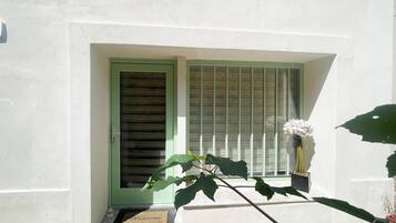 Una entrada de edificio con una puerta verde, una ventana con persianas y una planta en maceta con flores blancas.