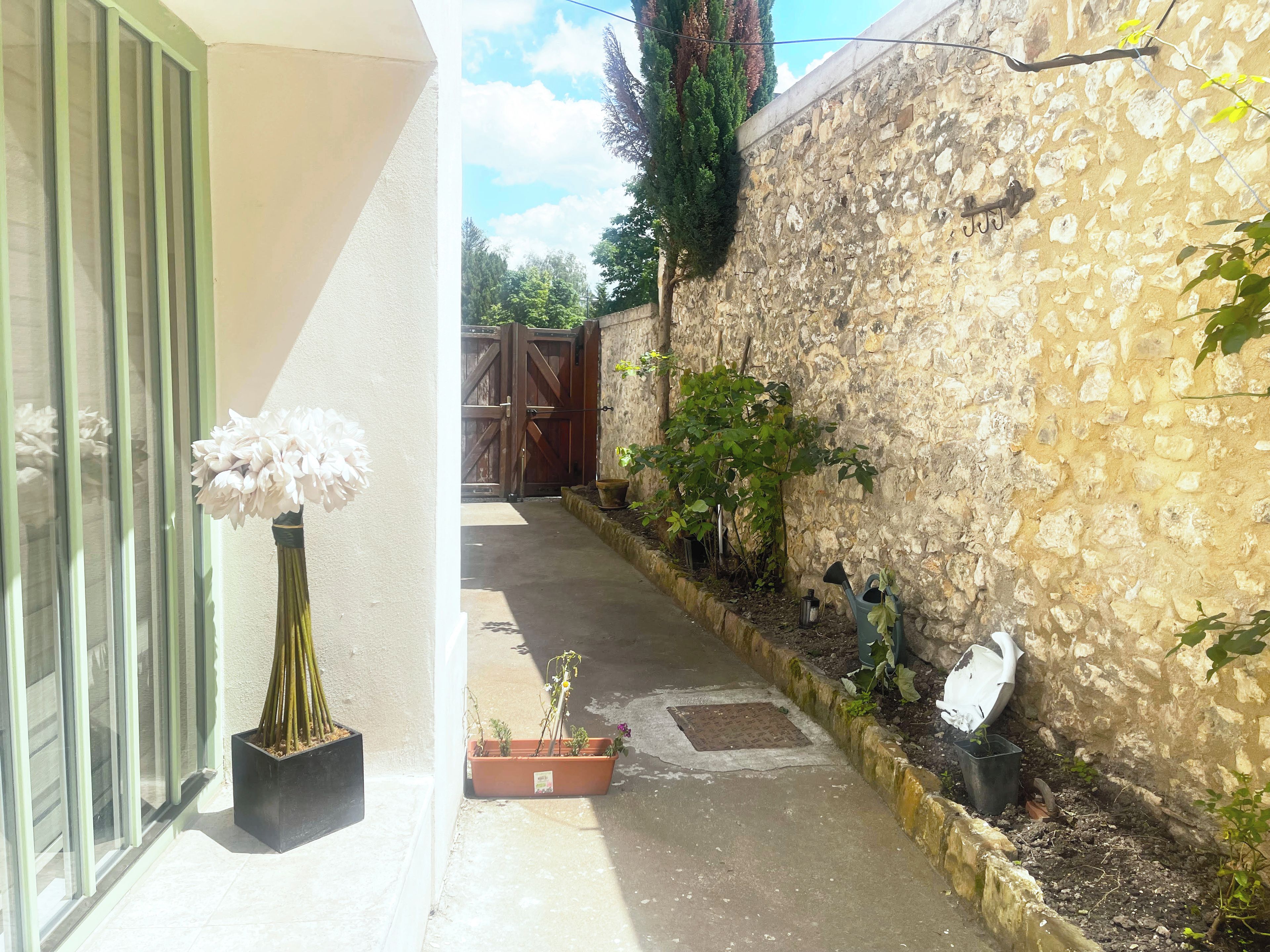 A narrow outdoor corridor with a potted plant on the left and a stone wall on the right.
