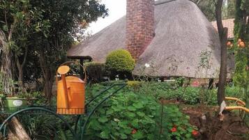 A garden with a thatched-roof structure, a brick chimney, and a variety of plants and flowers.