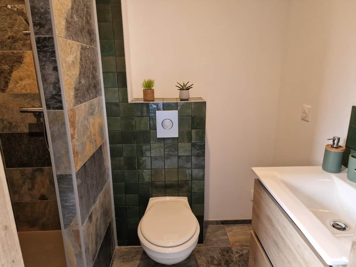 Ein Badezimmer mit Toilette, Dusche und Badewanne. An der Wand befinden sich zwei Blumentöpfe.