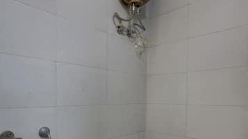 A bathroom with a toilet, a shower, and a toilet paper holder.