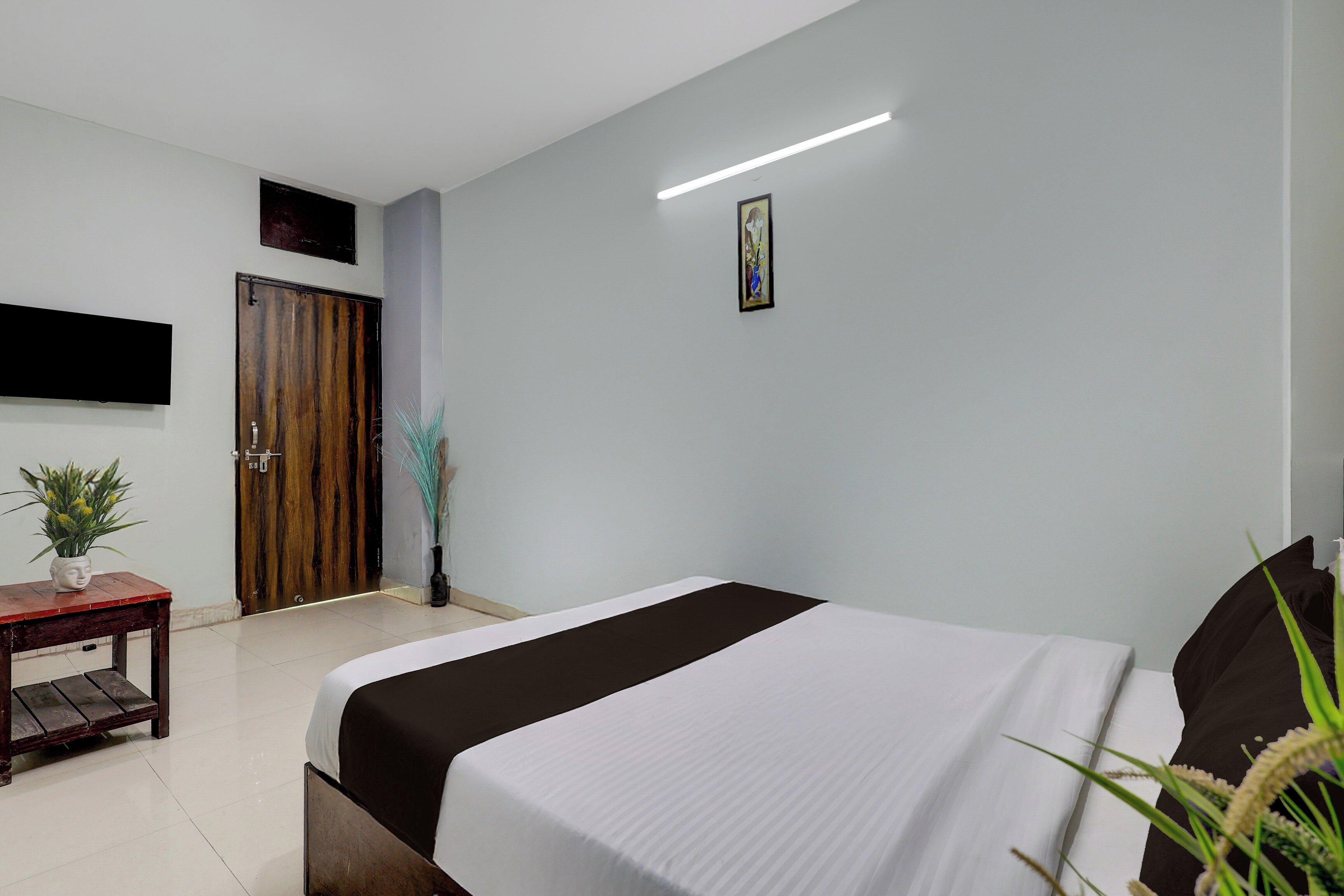 A hotel room with a bed, a small table with a plant, a door, and a wall-mounted TV.