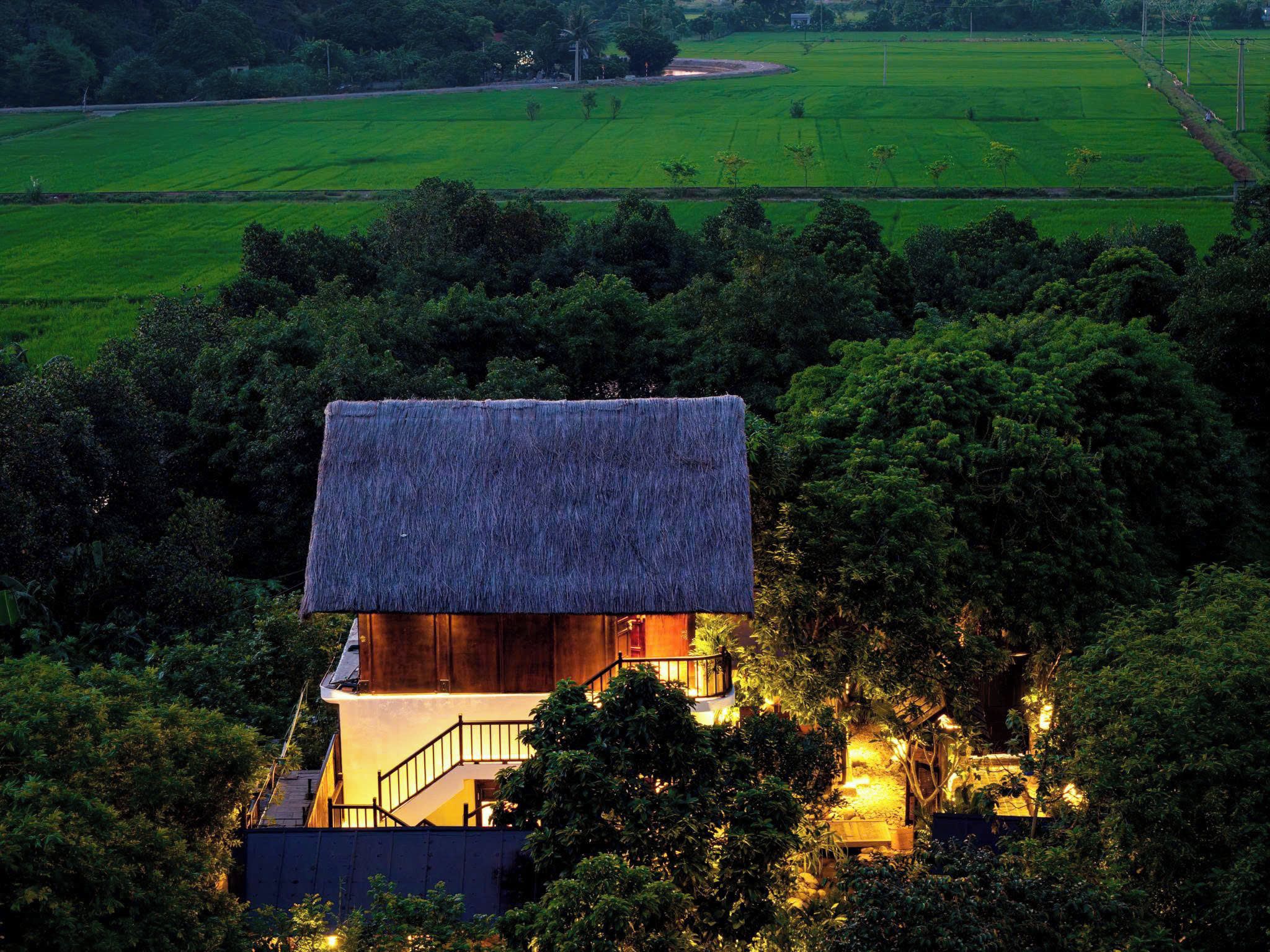 A thatched-roof house with a staircase leading to a wooden deck, surrounded by dense greenery and fields.