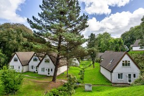 A row of white houses with pitched roofs, surrounded by lush greenery and a large pine tree. - Daisy Valley Lodge (Callington)