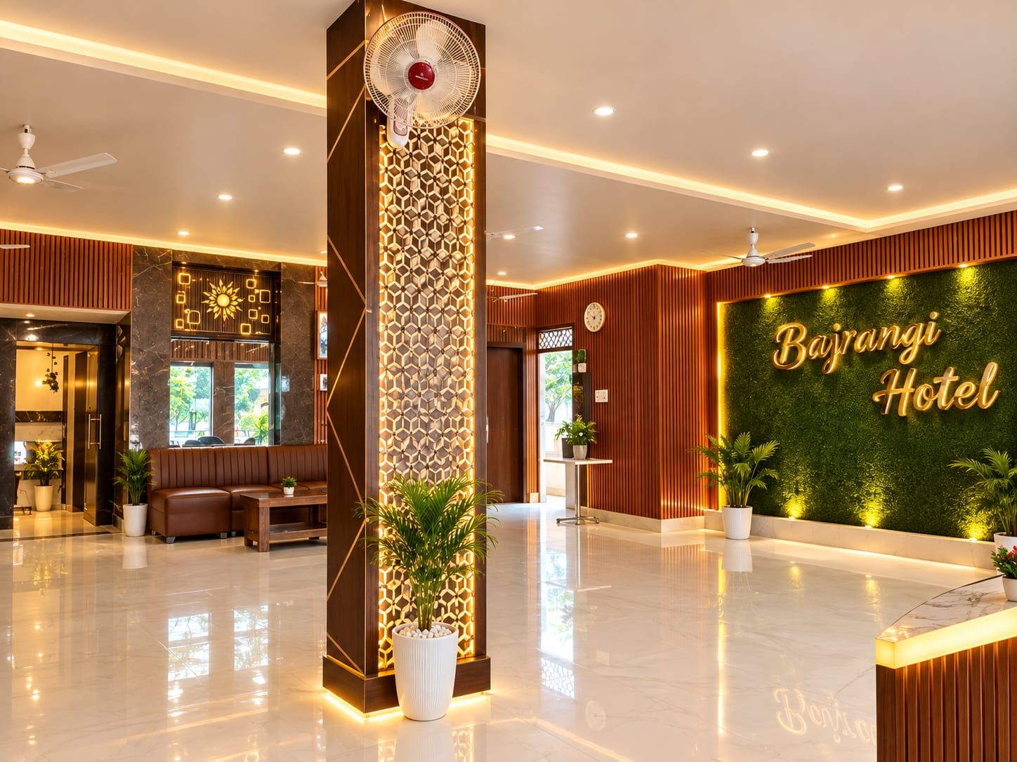 Um hall de hotel moderno com balcão de recepção, área de estar e parede decorativa com o nome do hotel.