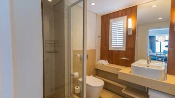 A modern bathroom with a glass shower enclosure, a toilet, a sink, and a vanity with a mirror.