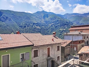 Ein Wohngebiet mit terrakottafarbenen Dächern, einem grünen Gebäude und einer Bergkulisse im Hintergrund.